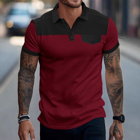 New Men's Waffle Knit Turn-Down Collar Color-Block Chest Pocket Button Polo Shirt