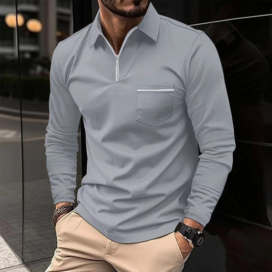 Ins Autumn Polo Shirt Zipper Pocket Men's Long Sleeve Sport Polo Shirt