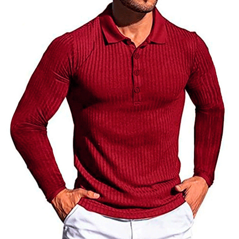 Wish Men's Summer Sport Fitness Casual Stand Collar Elastic Stripe Long Sleeve Polo Shirt Men