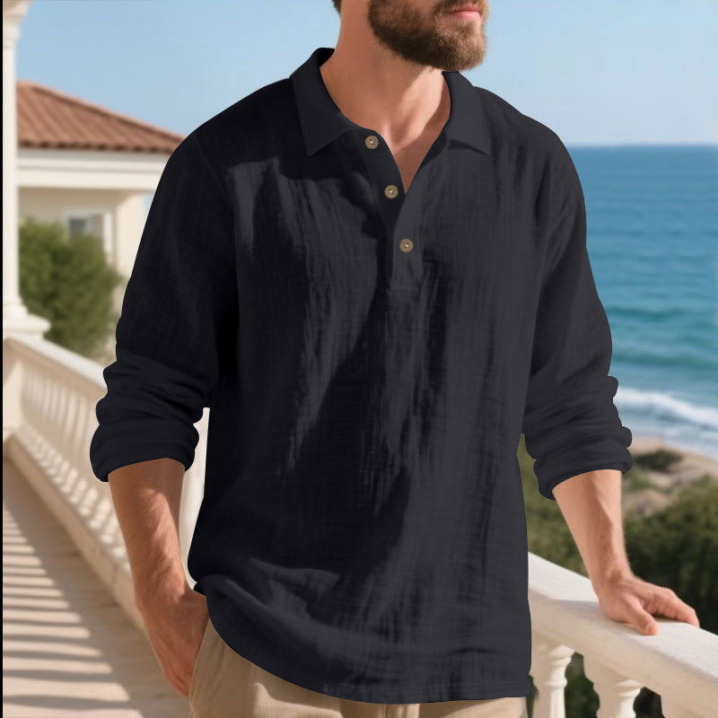 Autumn American Style Loose Linen Flip Collar Button Casual Business Men's Long Sleeve Shirt