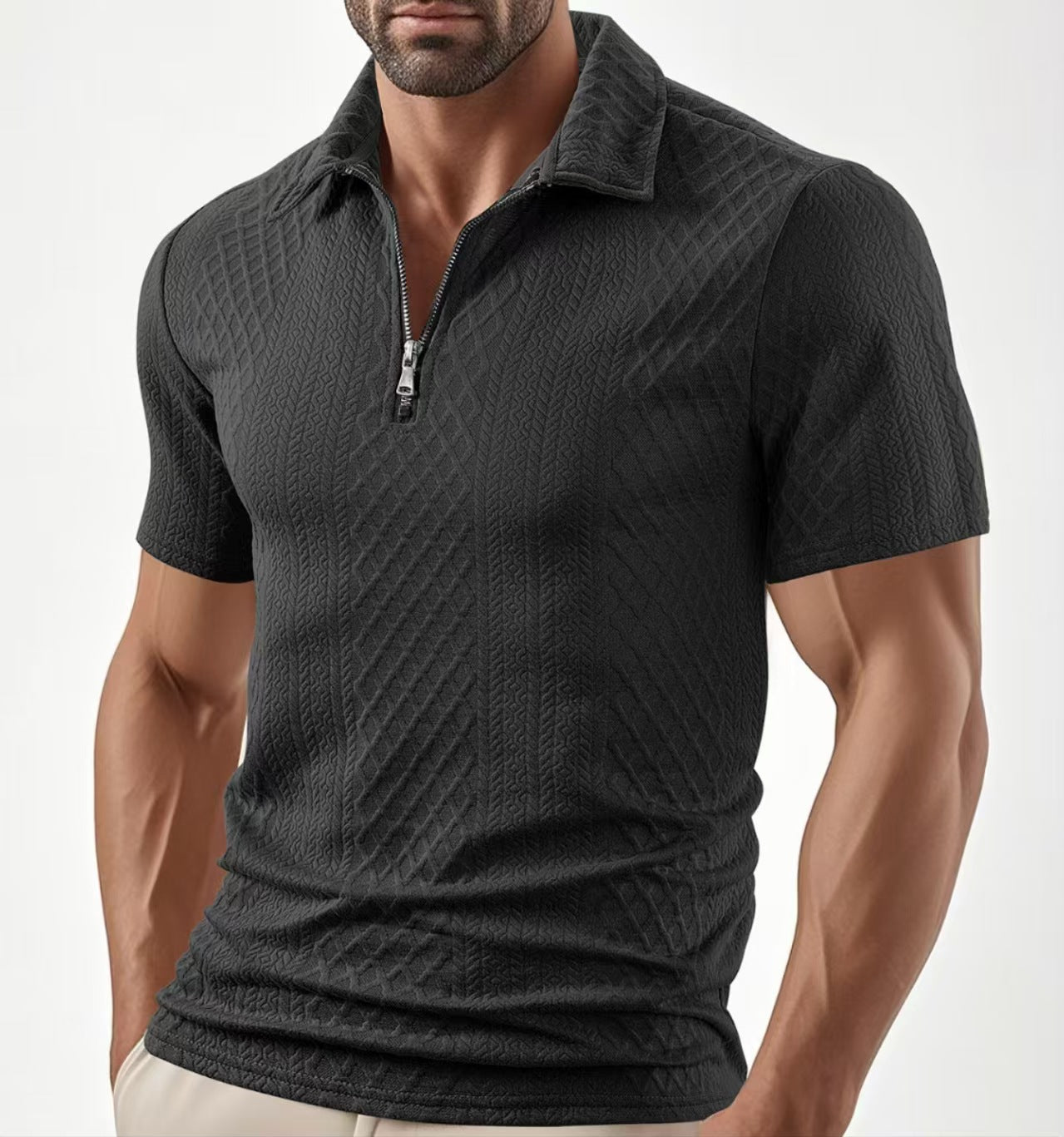 Men's Wear New Casual Polo Zipper Turn-Down Collar Shirt Solid Color Short Sleeve Business Slim Fit