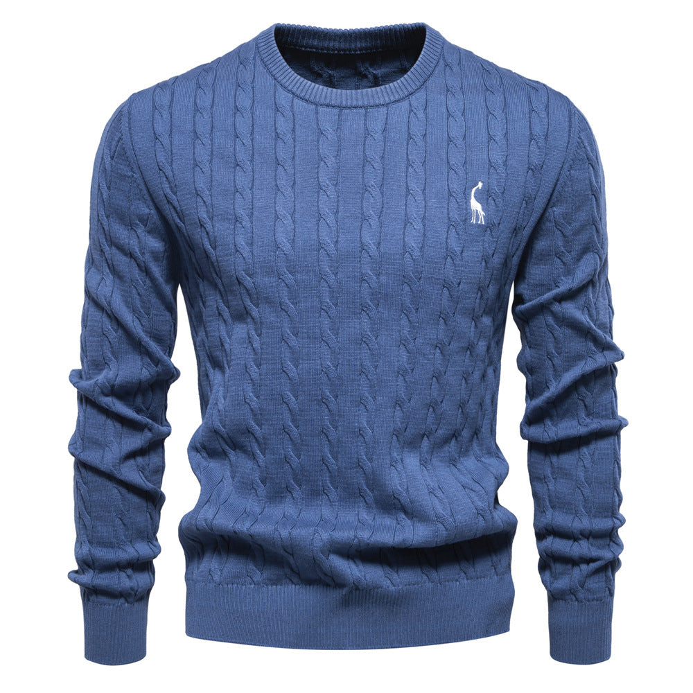 2025 Fall & Winter Men’s Pullover Sweater - High-Quality Solid Color Knit with Deer Embroidery