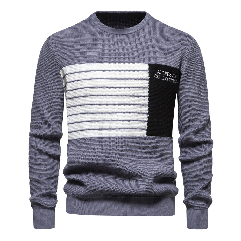 Autumn New Men's Sweater Striped Patch Long-Sleeve Round Neck Trendy Casual Knit