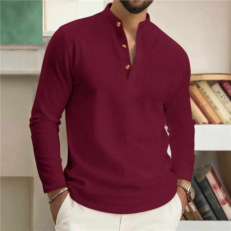 Autumn Men's New Waffle Knit Solid Color Stand Collar Pocket Long Placket Button Long Sleeve Polo Shirt