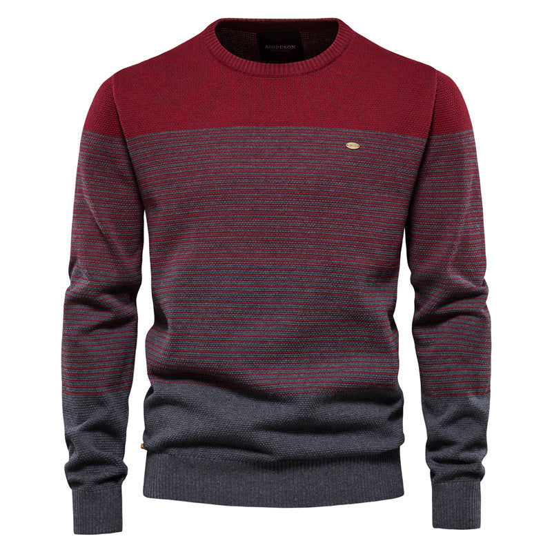 Retro Long-Sleeve Trendy Men's Sweater Slim Round Neck Striped Knit Fashion Top