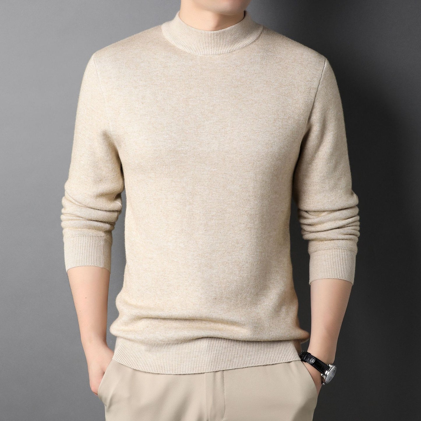 New Men's Solid Color Semi-Turtleneck Slim Fit Sweater for Spring/Autumn – Youth Base Layer Wool Sweater Men's Clothing
