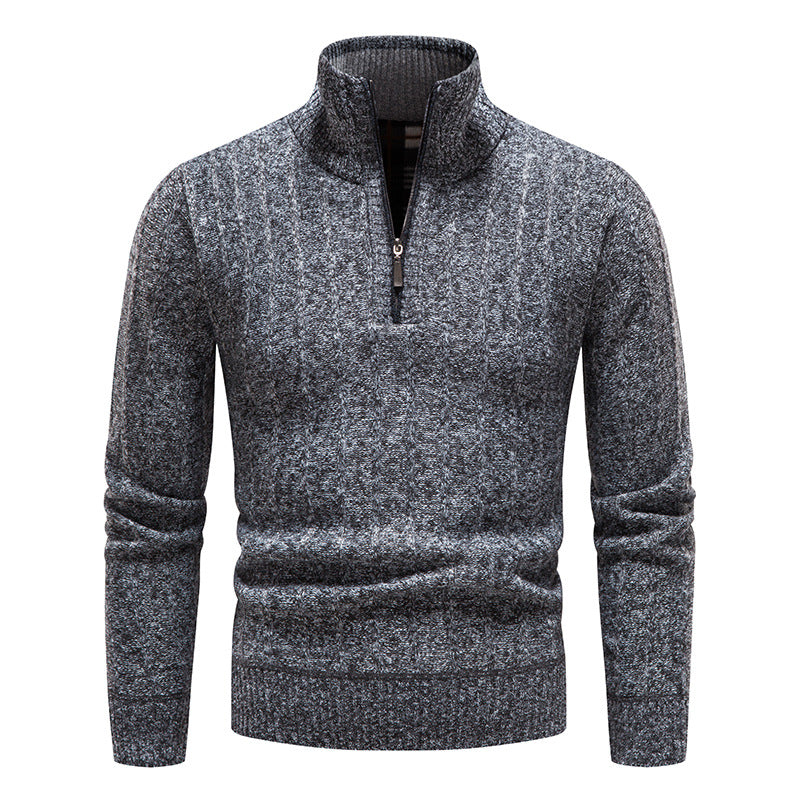 New Men's Stand Collar Pullover Sweater, Business Striped Fleece-Lined Knit Top