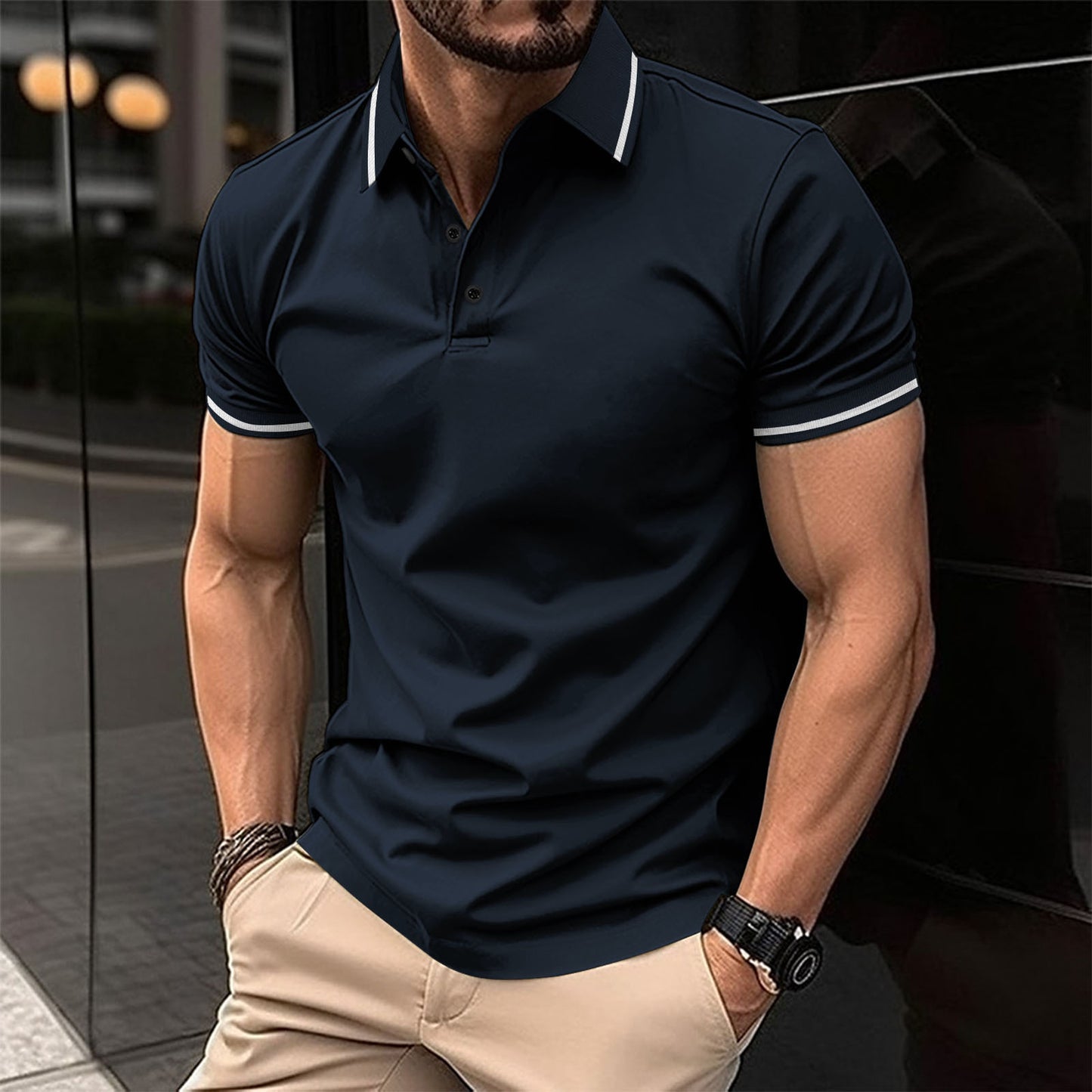 Ins Summer T-Shirt Men's Button Ribbed Collar Sport Polo Shirt