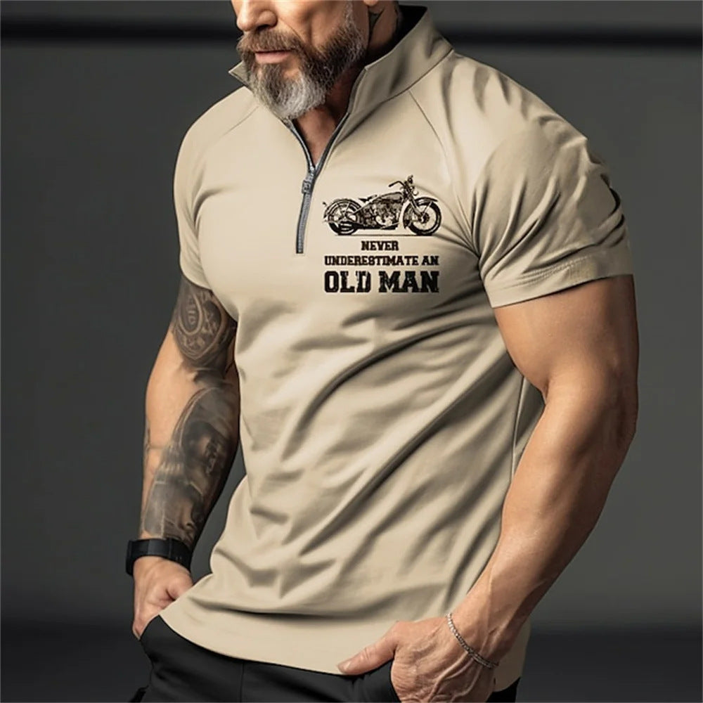 Retro Short Sleeve Men's Polo Shirt Motorcycle 3D Print Turn-Down Collar Zipper Men's Top High Quality Casual Wear