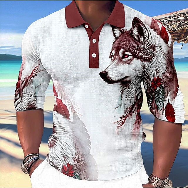 New Autumn Men's Long Sleeve Polo Shirt Animal Print Turn-Down Collar Top