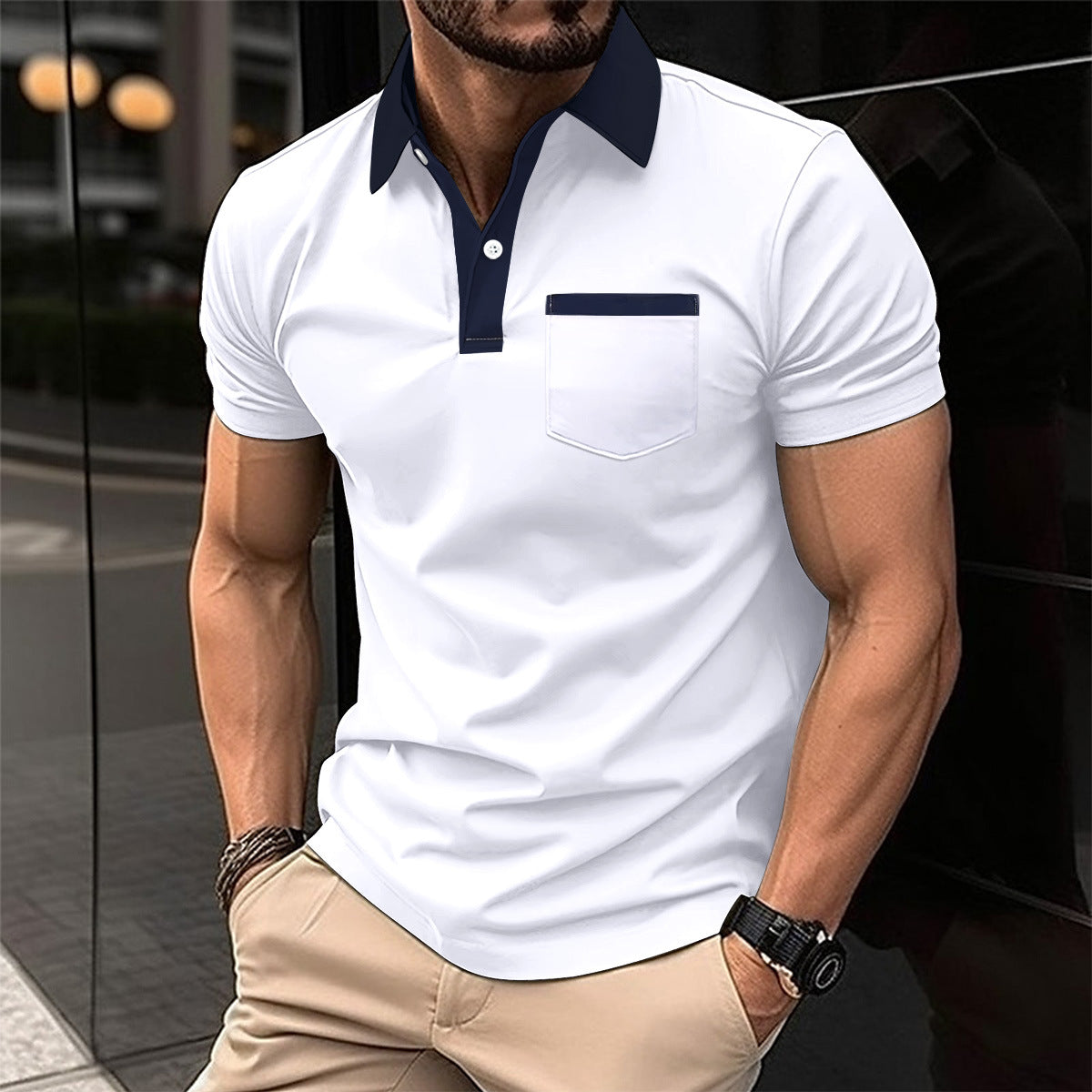 New Men's Business Casual Sport Pocket Short Sleeve Turn-Down Collar Polo Shirt Breathable