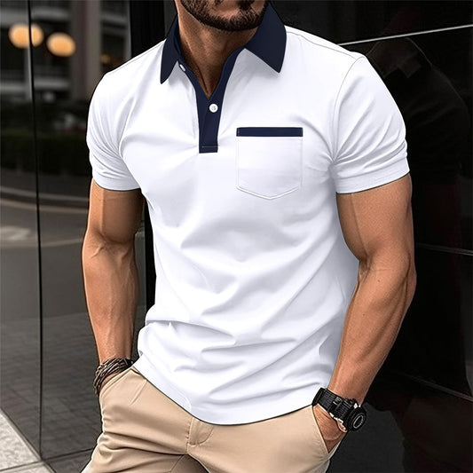 New Men's Business Casual Sport Pocket Short Sleeve Turn-Down Collar Polo Shirt Breathable