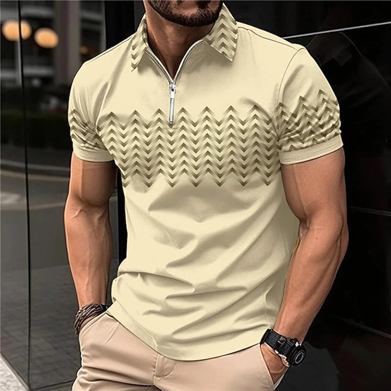 Men's Wear New Independent Site Supply Casual Color-Block Polo Zipper Turn-Down Collar Polo Shirt Short Sleeve