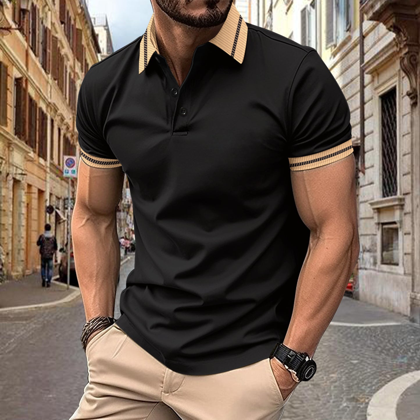 Summer Fashion Men's Polo Shirt Color-Block Button Men's Sport Polo Shirt