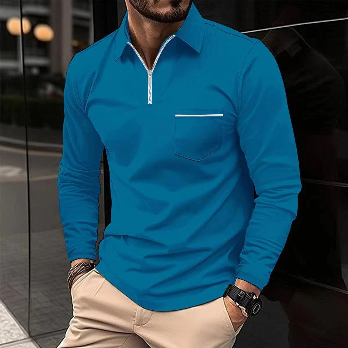 Spring Autumn Long Sleeve Polo Shirt Zipper Pocket Men's Sport Long Sleeve Top