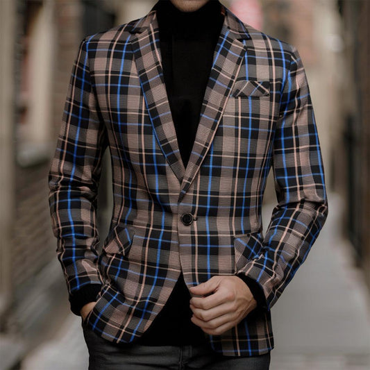 New Spring Men's Fashion Casual Checkered OneButton Blazer