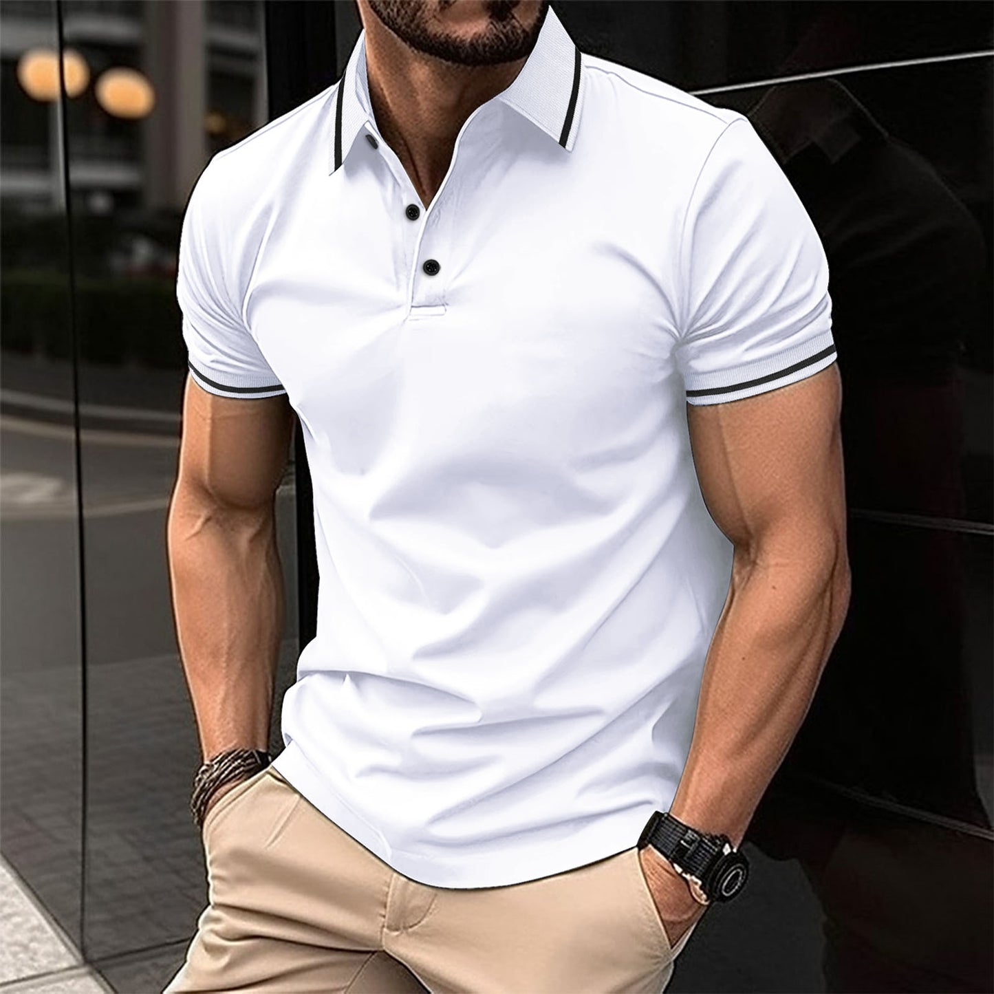 Ins Summer T-Shirt Men's Button Ribbed Collar Sport Polo Shirt