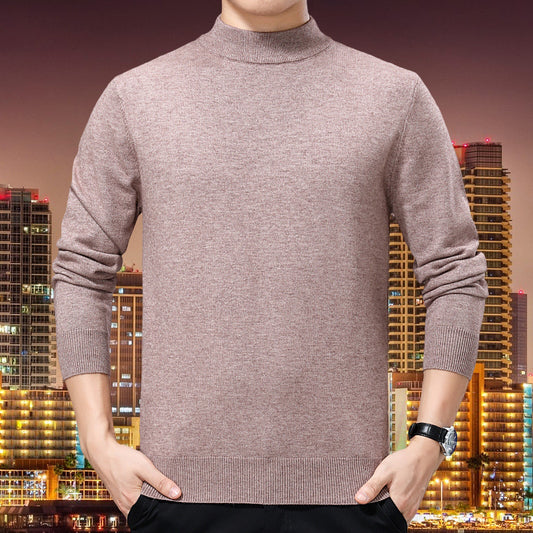 New Semi-Turtleneck Solid Color Sweater – Middle-Aged Men's Warm Stretch Knitwear with Mid-Neck Design