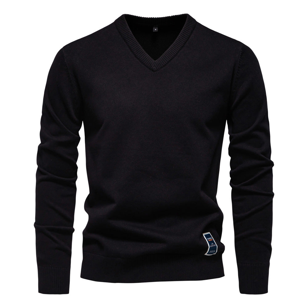 2025 Fall/Winter Men’s Cotton V-Neck Sweater | Trendy Solid Color Knit Pullover