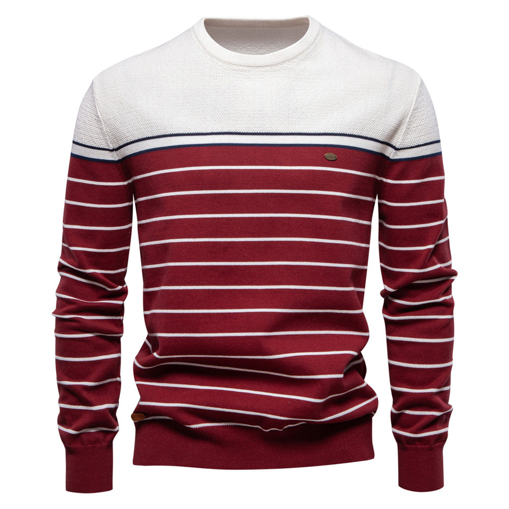2025 Fall & Winter Men’s Striped Colorblock Knit Sweater - Fashionable Crew Neck Long Sleeve Pullover