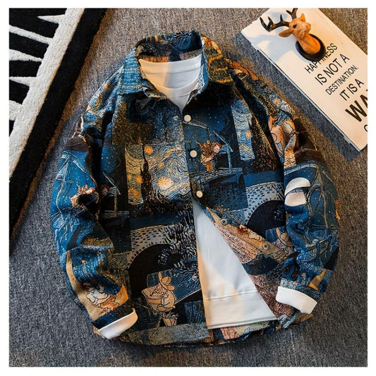 Men's Slim Fit Long Sleeve Shirt With Van Gogh Inspired Print