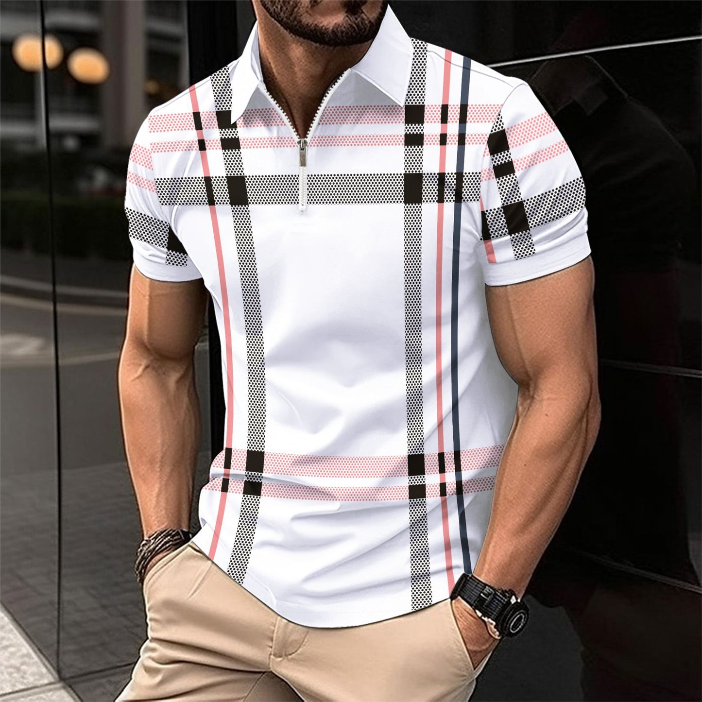 Summer Men's Print Plaid Stripe Polo Shirt Zipper Sport Polo Shirt