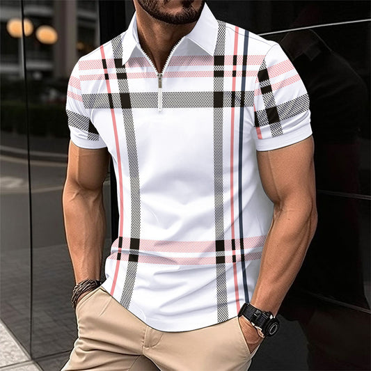 Summer Men's Print Plaid Stripe Polo Shirt Zipper Sport Polo Shirt