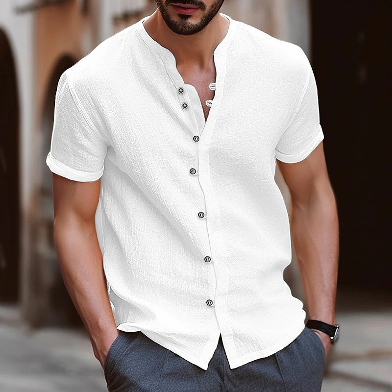Men's Shirt New Best-Seller Fashion Linen Vintage Button Casual Short Sleeve Shirt