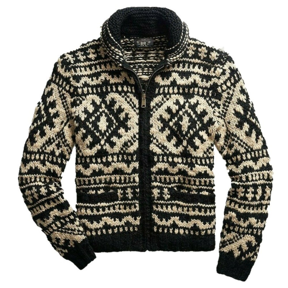 Men’s Jacquard Knit Cardigan – Stand Collar Cotton Blend Sweater for Winter