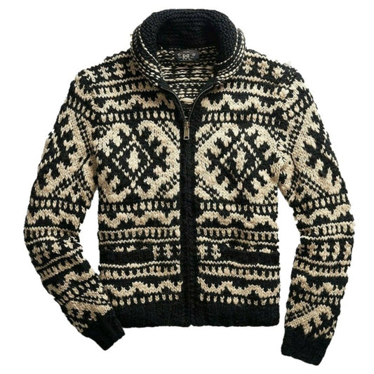 Men’s Jacquard Knit Cardigan – Stand Collar Cotton Blend Sweater for Winter
