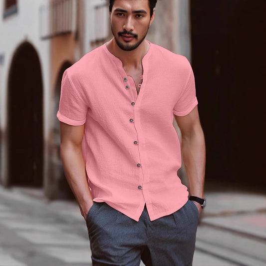 Men's Shirt New Best-Seller Fashion Linen Vintage Button Casual Short Sleeve Shirt