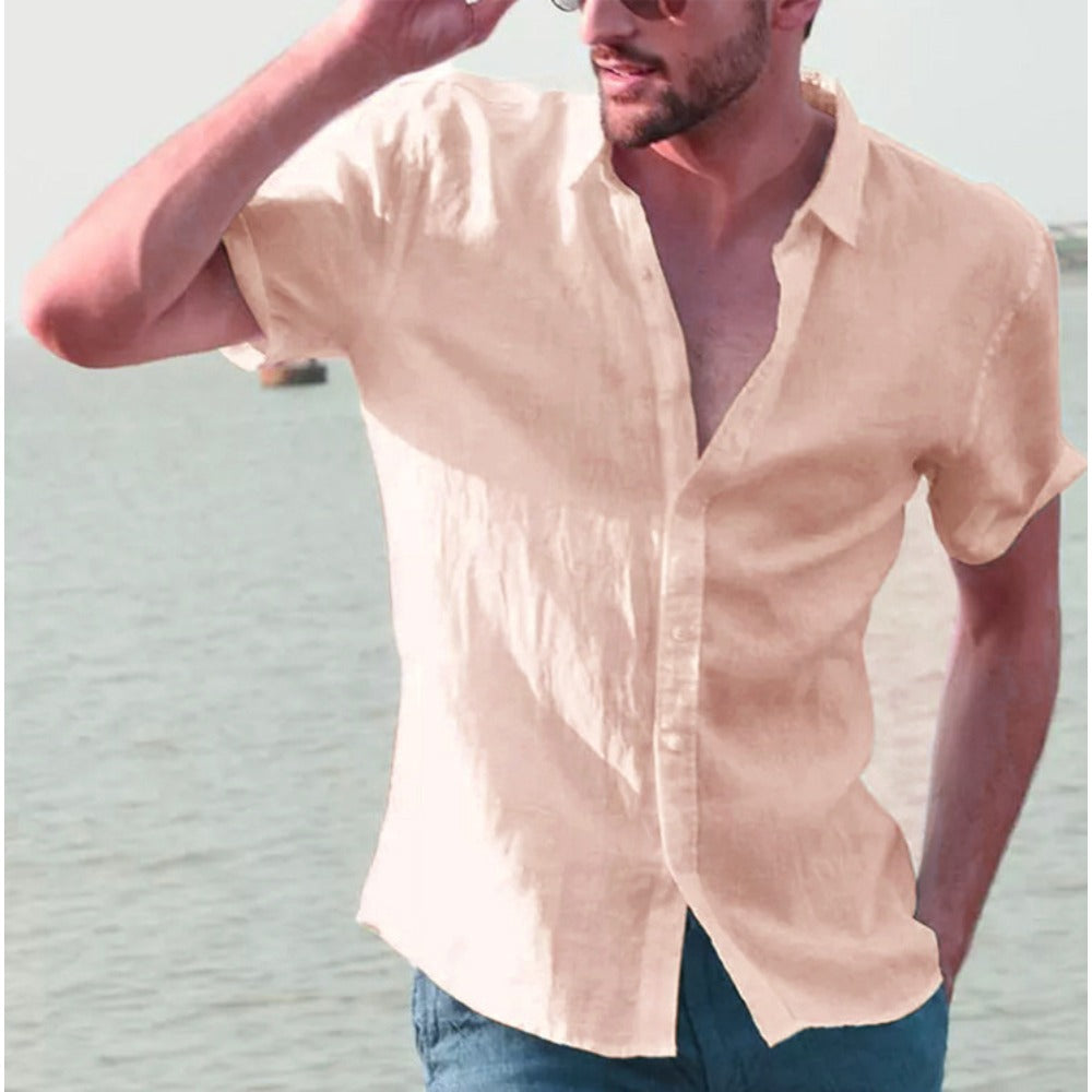 Summer Solid Color Linen Shirt Men's Thin New Short Sleeve Linen Shirt Trendy Beachwear