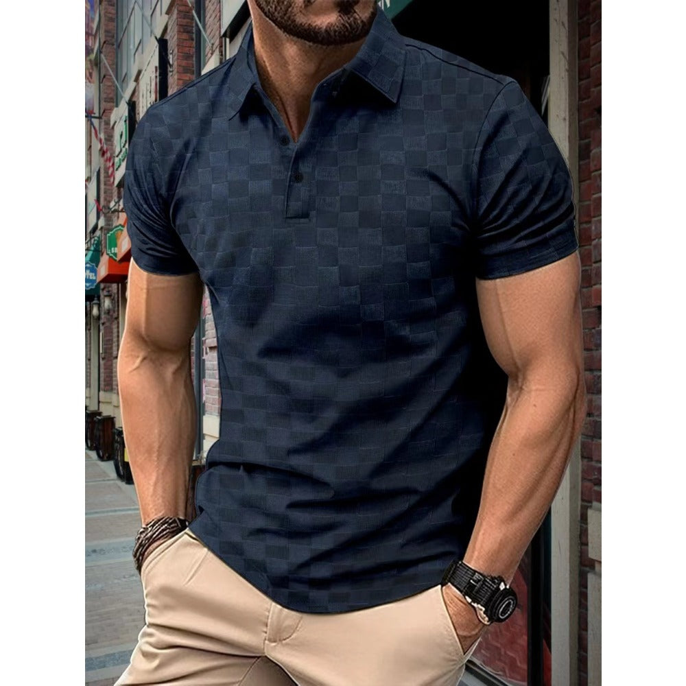 Summer New Ice Silk Plaid Jacquard Turn-Down Collar Short Sleeve Men's Daily Casual Polo Shirt