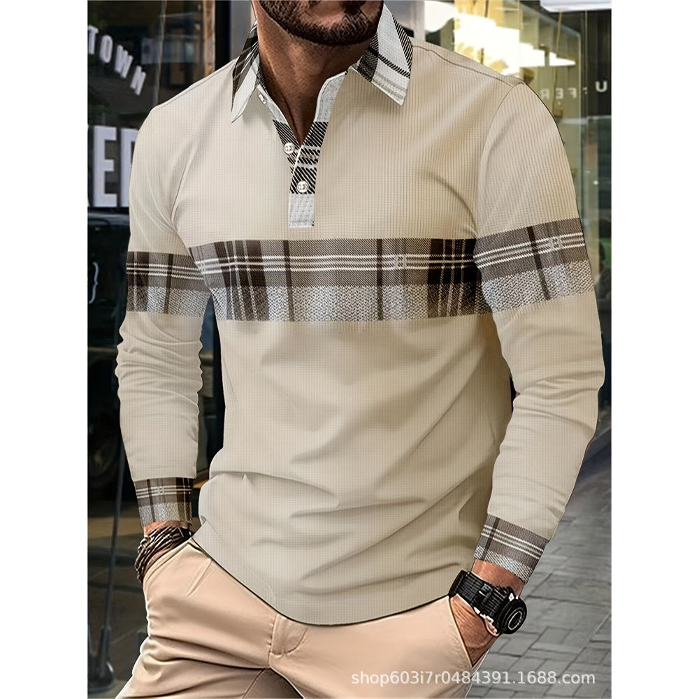 New Men's Casual Polo Shirt Long Sleeve 3D Print Spring Autumn Style Turn-Down Collar Top