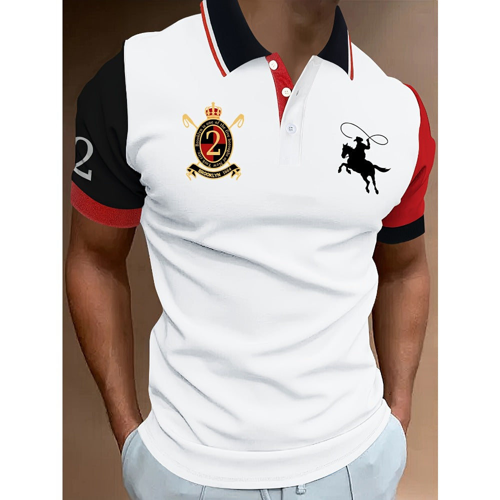 Polo Shirt Color-Block Print Men's Wear Short Sleeve Casual Fitted Turn-Down Collar Shirt