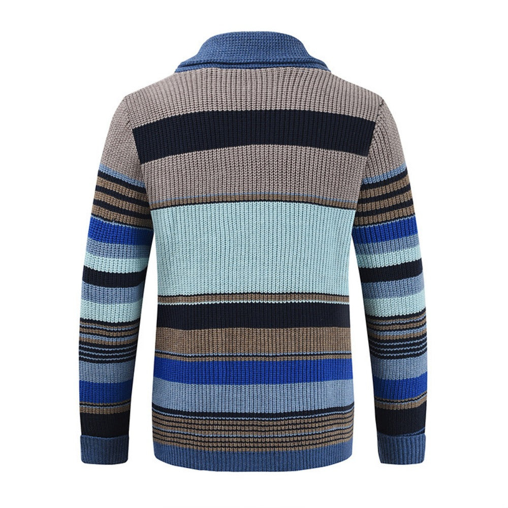 Men’s Knitted Cardigan with Lapel Contrast Color Thickened Winter Sweater