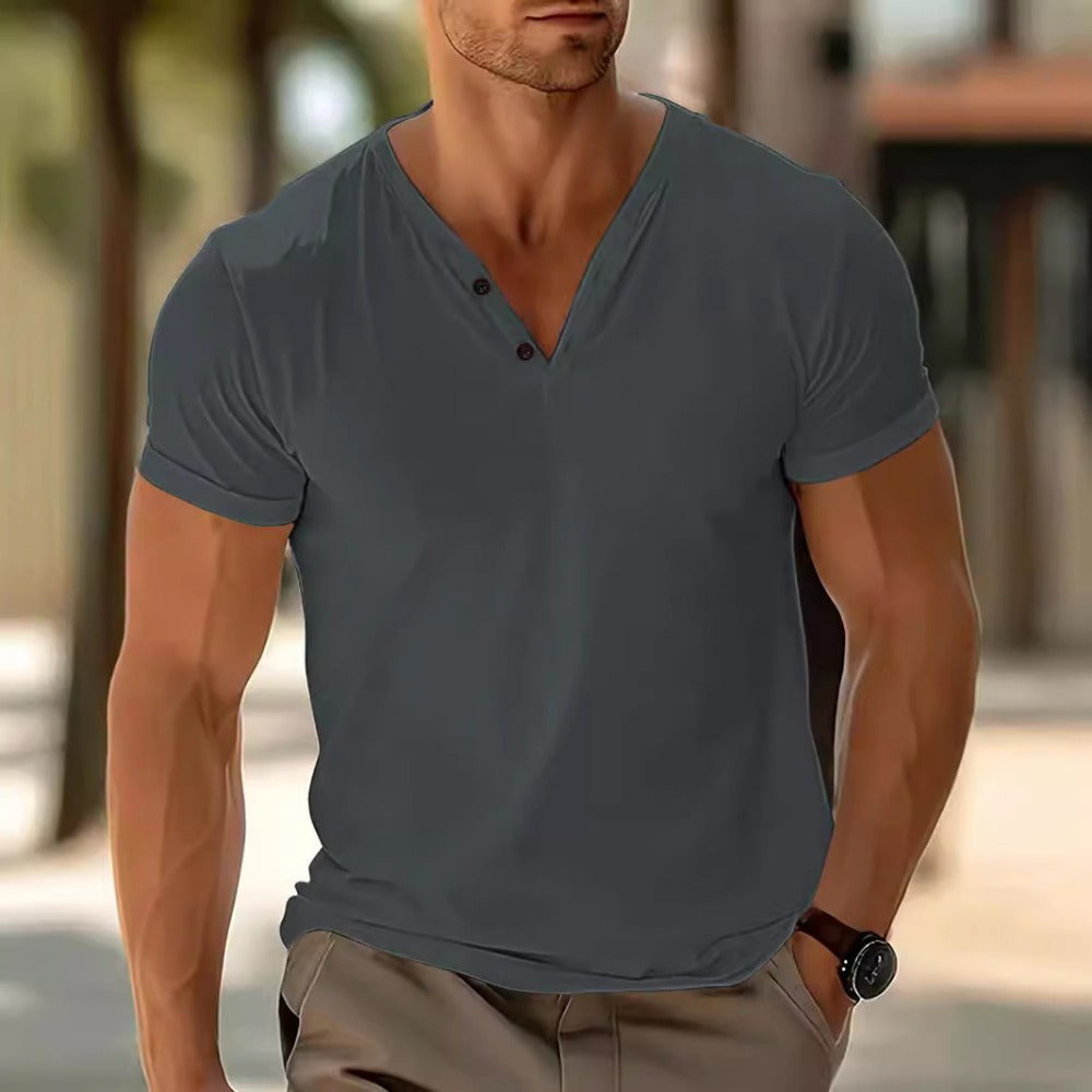 Men's Solid V-Neck Breathable Sporty Lightweight Regular Short-Sleeve Tee