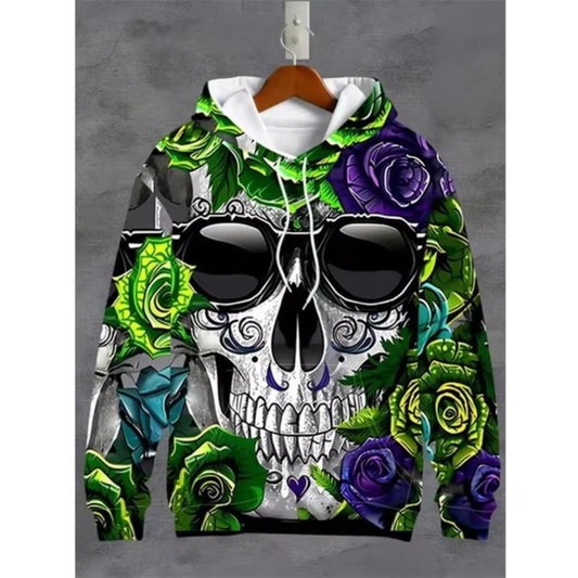 Vintage Men's Sweatshirt 3D Digital Print Skull Design Casual Hoodie