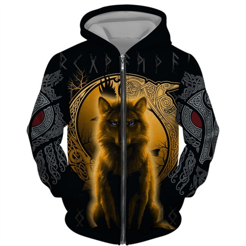 3D Wolf Series Printed Zip-Up Hoodie Unisex Couple's Jacket Casual Fashion Outerwear