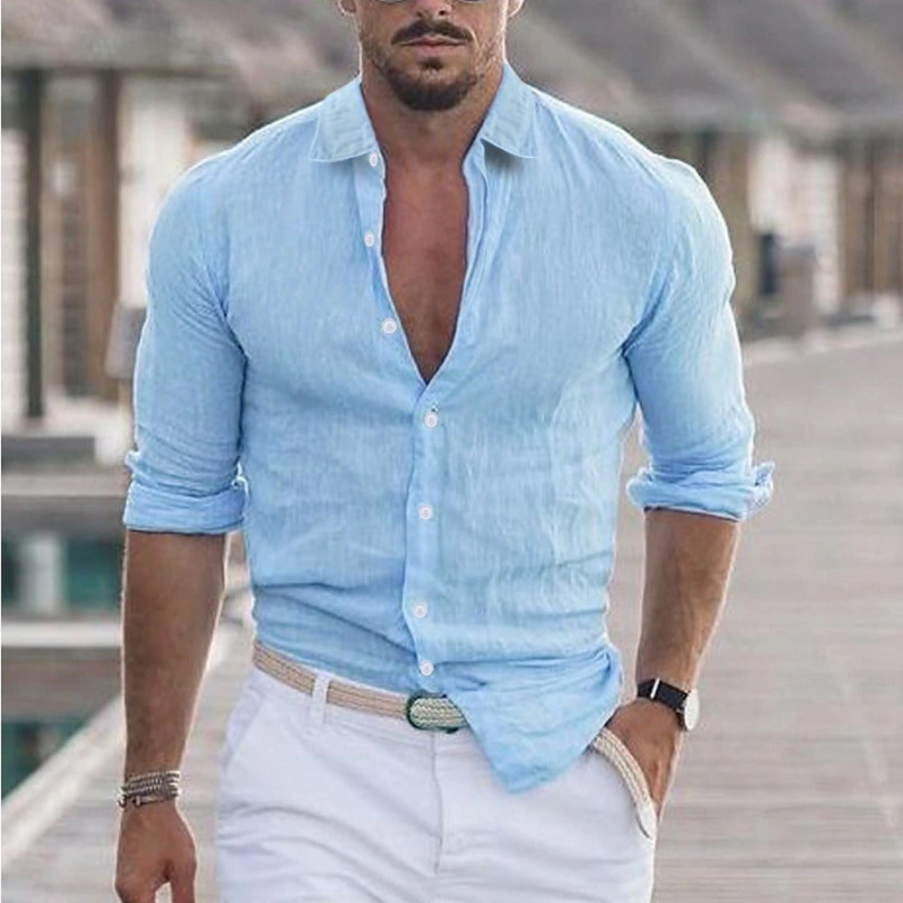 New Men's Summer Linen Flip Collar Beach Shirt Long Sleeve Solid Color Hawaiian Holiday Outfit
