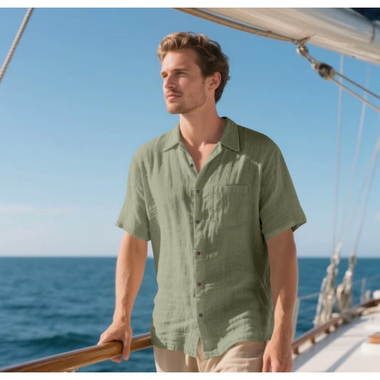 Summer Men's Linen Short Sleeve Shirt Casual Breathable Button Shirt Beach Loose Linen Top