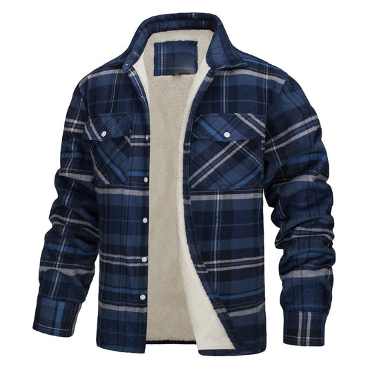 New Fleece-Lined Plaid Long-Sleeve Lapel Button-Up Casual Jacket