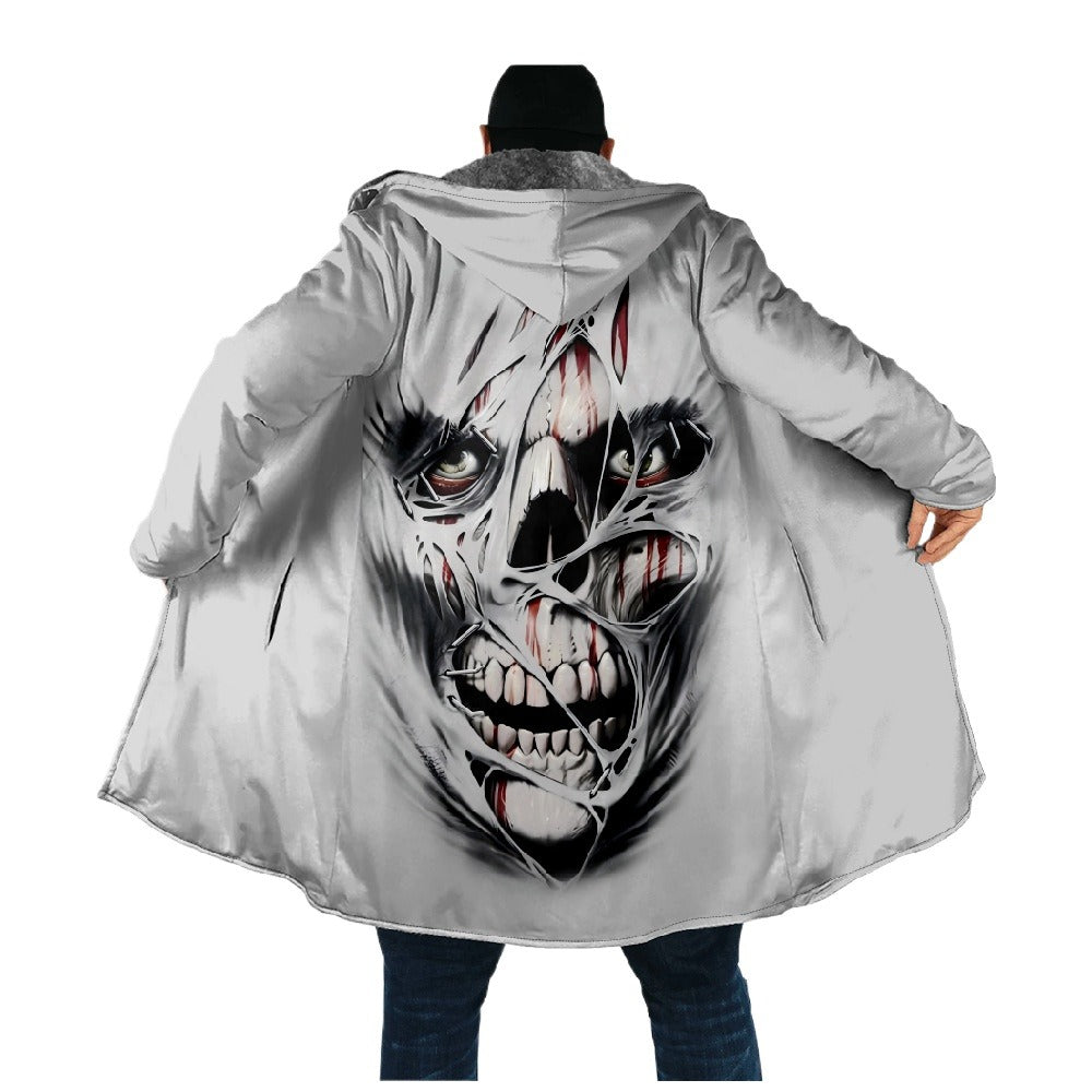 Skull Hooded Cape Button-Up 3D Print Fleece-Lined Trench Coat