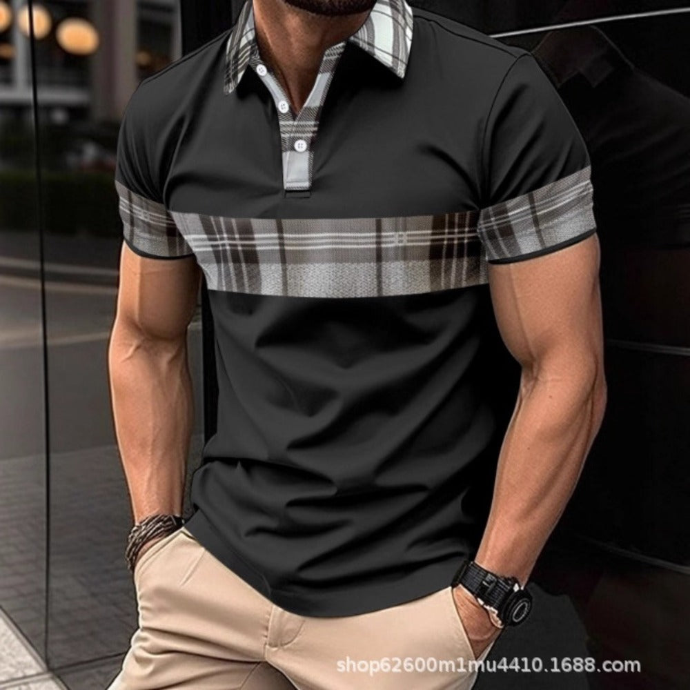 New Cross-Border Summer New Men's Short Sleeve Polo Shirt High-End Print Color-Block Turn-Down Collar Polo Shirt