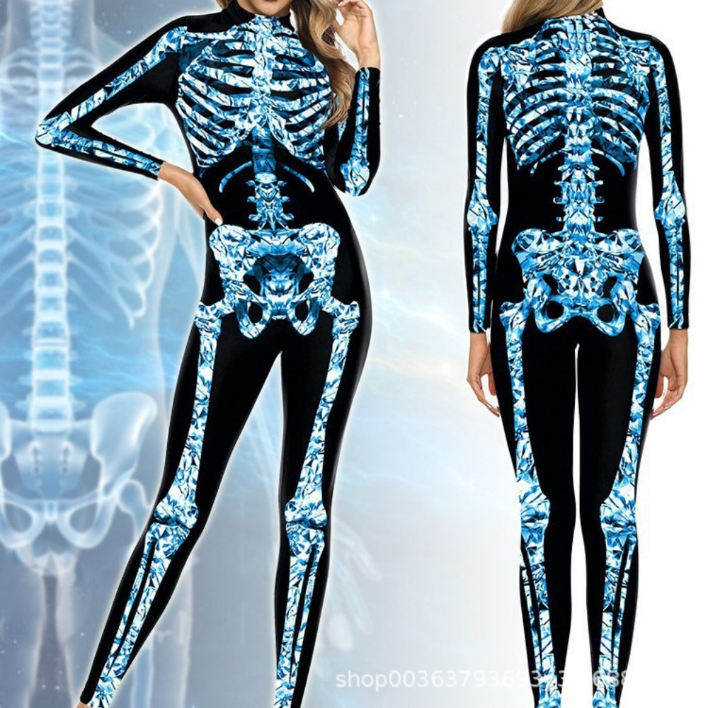 Halloween Tight-Fit Skeleton Jumpsuit with 3D Digital Print