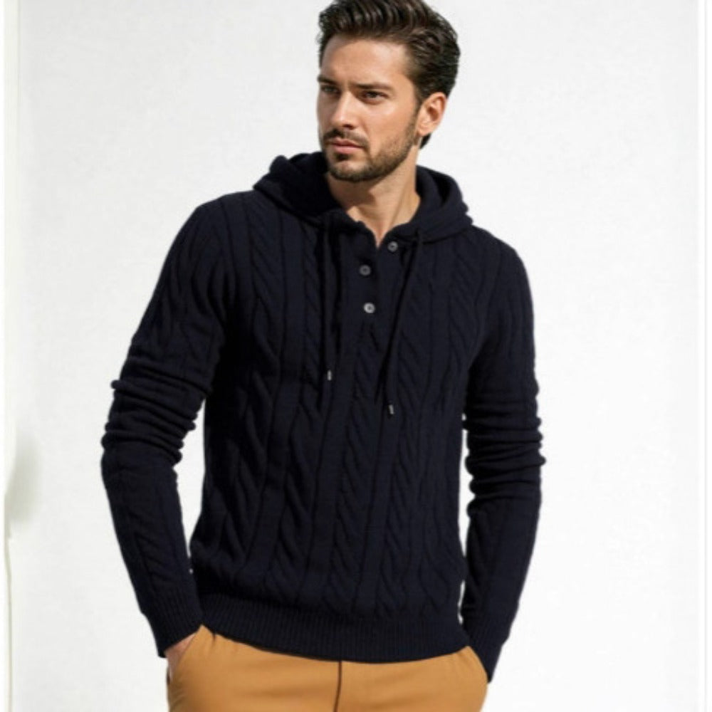 Men's Thickened Casual Hooded Jacquard Knit Sweater Pullover Jacket