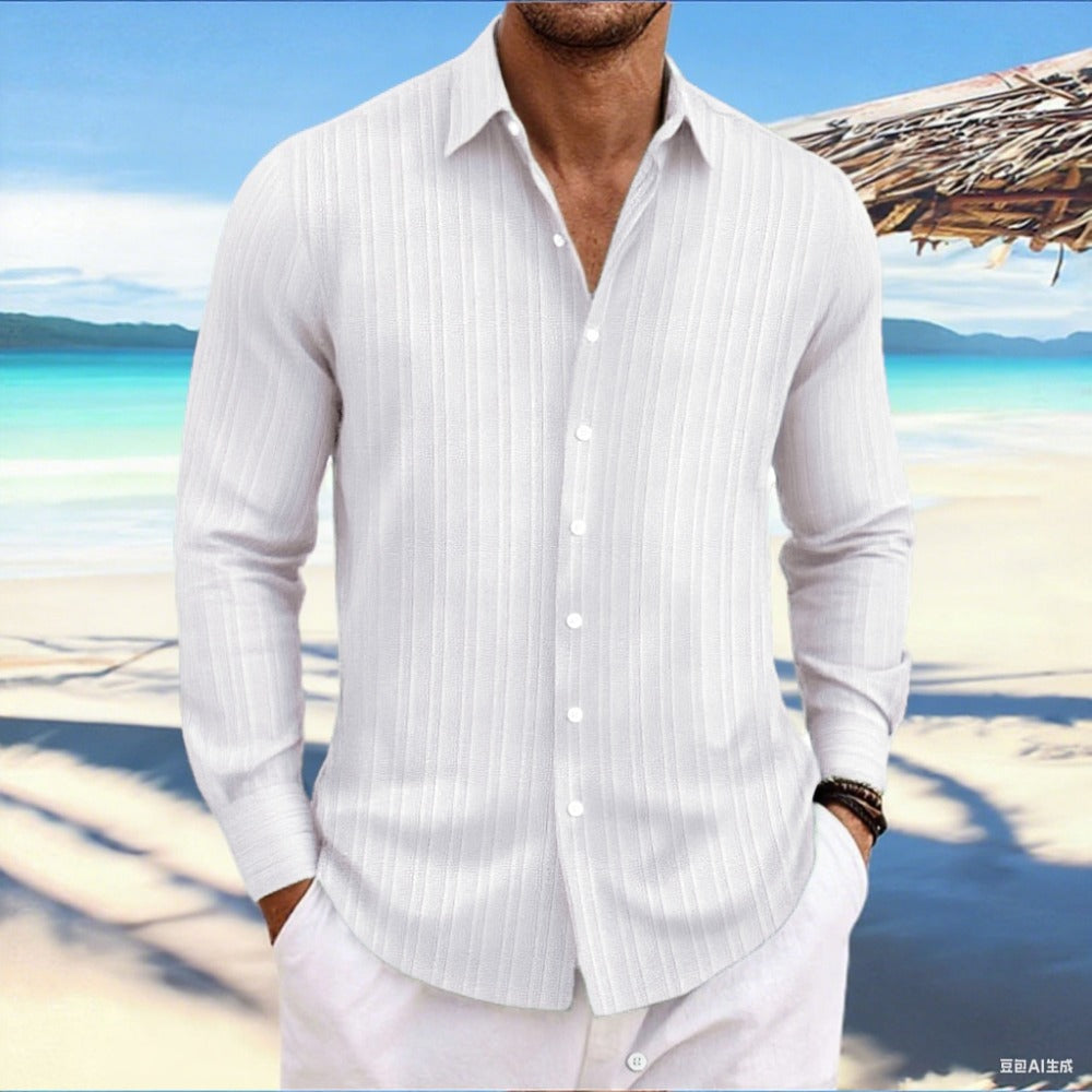 Best-Seller AliExpress New Men's Linen Stripe Jacquard Casual Loose Long Sleeve Shirt