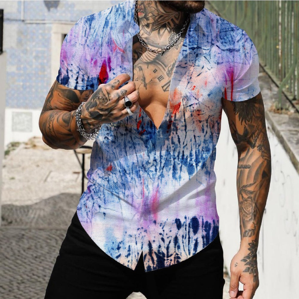 Beach Surf Men's Shirt 3D Digital Geometric Hawaiian Print Muscle Short Sleeve
