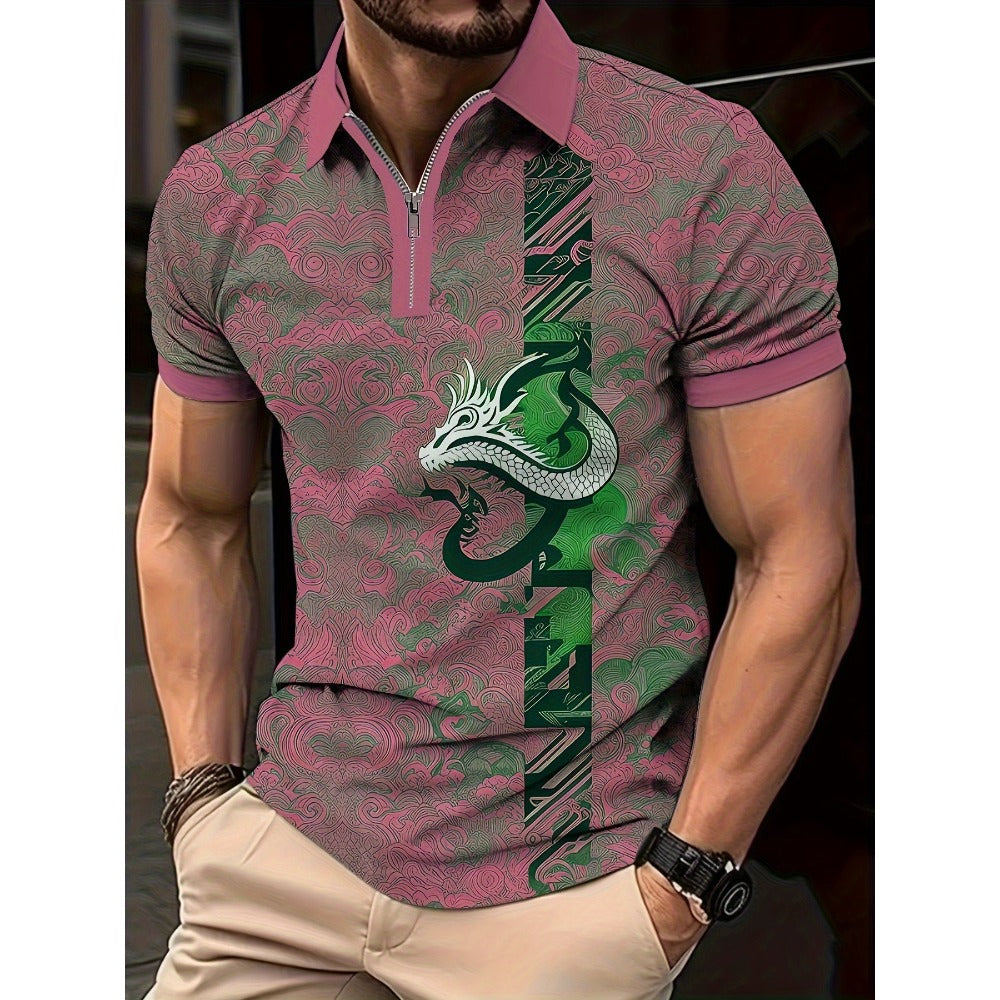 Men's Summer Hot Seller Dragon Pattern 3D Print Gradient Casual Business Zipper Short Sleeve Golf Polo Shirt