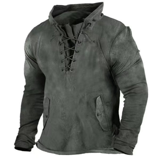 Men's Retro Tie-Front Hooded T-Shirt Loose Solid Color Outdoor Casual Top